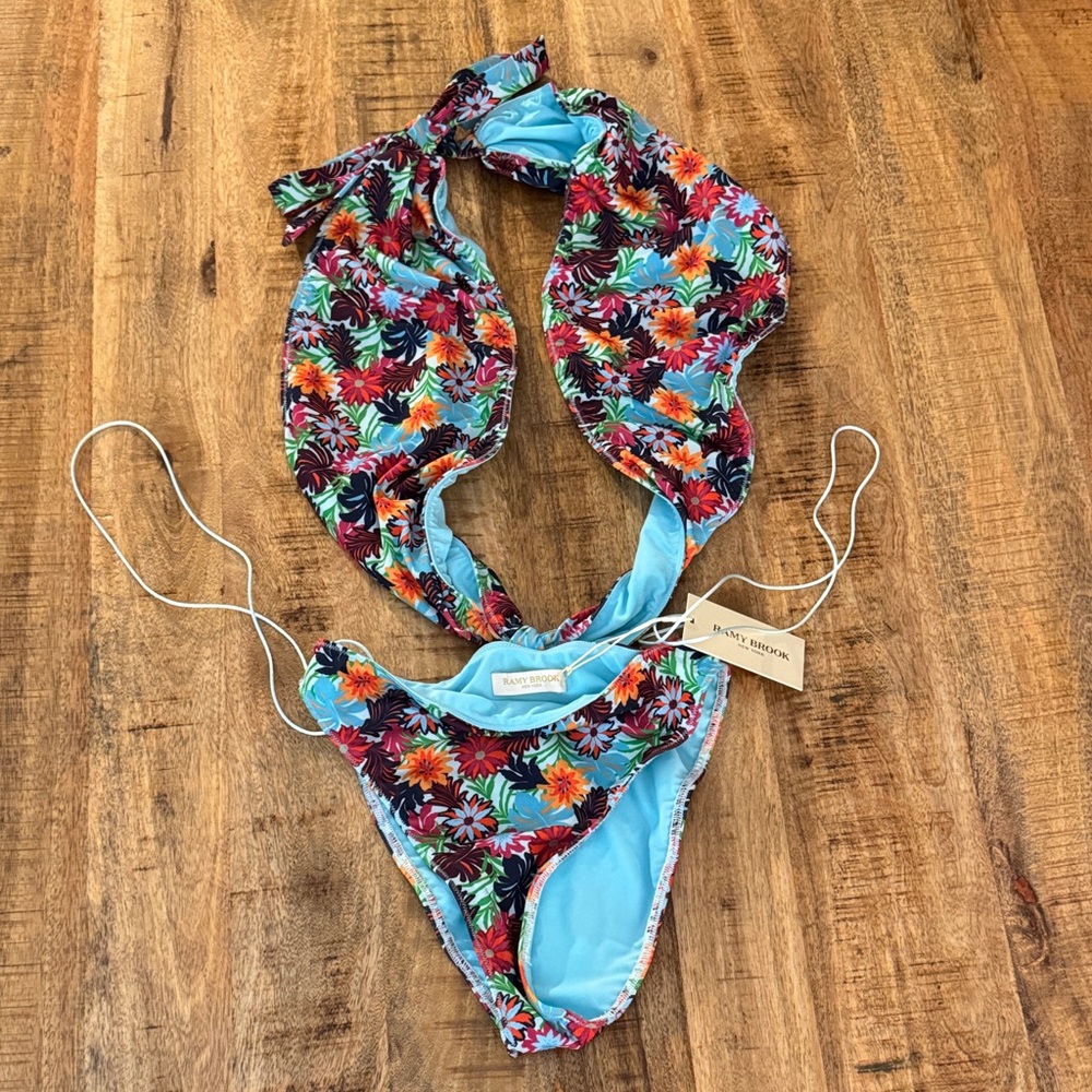 RAMY brook tropical blue pink orange  Floral swimsuit halter one piece small nwt